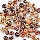 Focenat 200 Pcs 10mm Printed Wooden Beads with 5mm Hole, Natural Round Wood Ball Colorful Craft Beads Barrel Wooden Bead Various Pattern Large Hole for Bracelet Beading Crafts DIY Jewelry Making Hair Decor