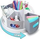 Xacton 360 Rotating Desk Organizer with Sturdy Spin Base & 7 Removable Containers I Lazy Susan Style Caddy I Multi-Functional Storage Tray for Home Office Art Supplies Make-up & Kitchen (White)