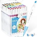 Ohuhu Markers for Adult Coloring Books: 64 Colors Art Markers Dual Brush Chisel Tips Drawing Pens Water-Based Coloring Markers for Kids Adults Calligraphy Sketching Bullet Journal with Storage Case