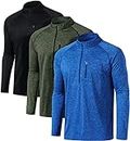 ATHLIO 3 Pack Men's Long Sleeve Athletic Shirts - Quick Dry, UV Sun Protection, and 1/4 Zip Pullover Running Tops for Outdoor DQZ02-KOB_Large