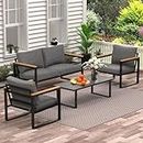 COMLAX FIELD Patio Furniture Set, 4 Pieces Outdoor Patio Furniture with Table Set, Metal Patio Conversation Sets with Removeble, Washable and High-Resiliency Sponge Cushions, Grey