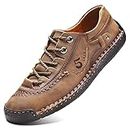 FiveStoresCity Mens Casual Shoes Summer Breathable Sneakers Loafers Walking Shoes Hand Made Lace-Up Leather Dress Flats Shoes for Driving Business Working Office (US 9.5, Khaki)