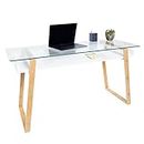bonVIVO Massimo Small Desk - 55 Inch, Modern Computer Desk for Small Spaces, Living Room, Office and Bedroom - Study Table w/Glass Top and Shelf Space - White