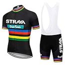 Strava Cycling Jersey Men Set Bib Shorts Set Summer Mountain Bike Bicycle Suit Anti-UV Bicycle Team Racing Uniform Clothes (Black,Medium)