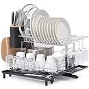 KINGRACK 2 Tier Dish Rack, 304 Stainless Steel Dish Drainer, Large Capacity Dish Drying Rack with Drip Tray, Removable Cutlery Cutting Board Wine Glasses Cups Holder & Plate Rack,Medium Size