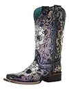 CORRAL LADIE'S BLACK/WHITE FLORAL SKULL EMBROIDERY & STUDS SQ. TOE, LEATHER SOLE, WESTERN Z5005