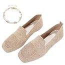 Women Comfortable Arch Support Non-Slip Flat Shoes, Plus Size Womens Lightweight Breathable Knit Square Toe Flats, Ladies Comfort Slip Ons Orthopaedic Walking Shoes (Beige,39)