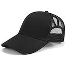 Ponytail Sun Hat for Women - Baseball Cap with Mesh for Ponytails and Buns, Plain Black, One Size
