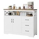 HOSTACK Modern Farmhouse Sideboard Buffet Cabinet, Kitchen Buffet Storage Cabinet with Drawers and Shelves, Wood Coffee Bar Cabinet with Storage for Dining Room, Living Room, White