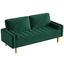 Vesgantti Green Velvet Sofa, Mid Century Modern 3 Seater Couches w/Square Armrest, Button Tufted Seat Cushion, 2 Pillows, Comfy Small Sofas for Living Room, Bedroom, Apartment, Home Office