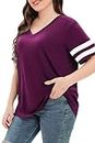 CARROTMOB Plus Size Tshirts for Women Summer Tops V Neck Striped Tee Shirts Short Sleeve Blouses Purple 3X