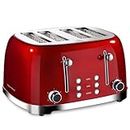 Roter Mond 4 Slice Toaster Retro Stainless Steel Toasters with Bagel Defrost Cancel Function, 6 Browning Settings, Extre Wide Slot, Red