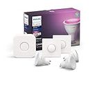 Philips Hue White and Colour Ambiance Starter Kit: Smart Bulb 3X Pack LED [GU10 Spot] Including 2X Hue Buttons + Bridge, Compatible with Alexa, Google Assistant and Apple HomeKit