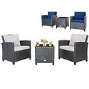 Tangkula 3 Pieces Patio Furniture Set, PE Rattan Wicker 3 Pcs Outdoor Sofa Set w/Washable Cushion and Tempered Glass Tabletop, Conversation Furniture for Garden Poolside Balcony (Beige/Navy)