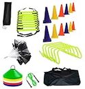 L'AVENIR Multicolour Sports Speed Building Kit - 50 Saucer Cone/Space Marker + Speed Ladder 4 Meter + Training Parachute + 12 Cone Markers + 6 Hurdles (6 Inches) + Jump Rope + Carry Bag