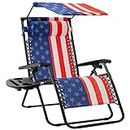 Best Choice Products Folding Zero Gravity Outdoor Recliner Patio Lounge Chair w/Adjustable Canopy Shade, Headrest, Side Accessory Tray, Textilene Mesh - American Flag