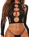 RSLOVE Sexy Lingerie Set for Women Fishnet Teddy Hollow Out Bodysuit Exotic Long Sleeves Babydoll Black One Size