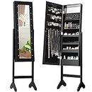 Giantex Jewelry Armoire w/Standing Full-Length Mirror, Large Storage Mirrored Jewelry Cabinet w/LED Lights Around the Door, Freestanding Cosmetic Storage Organizer with 16 Lipstick Holder (Black)