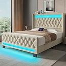 Rolanstar King Bed Frame with LED Light and Charging Station, Upholstered High Headboard and Footboard, Wood Slats, Noise Free, Easy Assembly, White