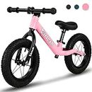 12" Balance Bike for 2, 3, 4, 5, 6 Year Old Boys and Girls, Lightweight Nylon Frame Toddler Training Bike No Pedal Bikes for Kids with Adjustable Seat and Air Tires (Pink)