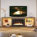 Bestier Fireplace TV Stand for TVs 75 inch TV with 23 inch Electric Fireplace, 70 inch Entertainment Center for Living Room with LED Light Glass Shelves Gray