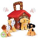 Plush Creations Talking Plush Dog House Carrier with 4 Soft & Cuddly, Talking & Barking, Stuffed Plush Dogs. Excellent Interactive and Educational Plush Toy Set. Great Gift for Kids Toddlers & Babies