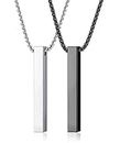SAILIMUE 2Pcs Stainless Steel Bar Pendant Necklace for Men Women Couples Necklaces Cuboid Silver/Black CZ Bar Pendant with 22 Inches Chain Necklace Unisex