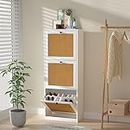 Anmytek Rattan Shoe Cabinet, Entryway Cabinet Wooden Shoe Rack with 3 Flip Drawers, 3-Tier Shoe Storage Cabinet for Entryway Hallway, White