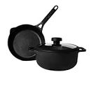 Meyer Pre- Seasoned Cast Iron 3 Piece Cookware Set - 20cm Frying pan + 20cm Dutch Oven with Interchangeable Lid | Iron Cookware Set Combo Offer | Cast Iron Induction Cookware for Kitchen, Black