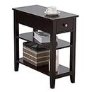 KOTEK End Table with Drawer and Open Storage Shelf, Narrow Side Table, Slim Bedside Table, 3-Tier Nightstand for Living Room, Bedroom, Office (Brown)