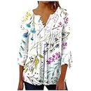 Womens 3/4 Length Sleeve Tops Pleated Front Tunic Button Flowy Tops Women's Fall Tops Printed T Shirts for Women, Multicolor Vintage Tops for Women, XX-Large