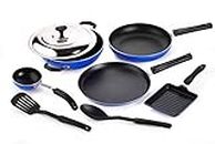 Crystal Eco Plus 8-pc Non-Stick Cookware Set, PFOA Free, Tawa, Kadhai with SS Lid, Fry Pan, Vagariya, Mini Grill Pan, 2 Spatulas, Blue