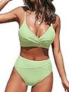 CUPSHE Women's Bikini Sets Two Piece Swimsuit High Waisted V Neck Twist Front Adjustable Spaghetti Straps Bathing Suit, Tea Green, Medium