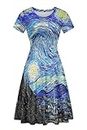 ENLACHIC Women's Van Gogh Art 3D Print Short Sleeves Summer Casual Flowy Swing Midi Dress,Van Gogh Starry Night,XXL