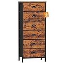 Furnulem Tall Dresser with 6 Drawers,Vertical End Table and Nightstand for Bedroom,Industrial Bedside Furniture with Fabric Drawer Organizer in Living Room,Closet,Entryway,Hallyway(Rustic Brown)