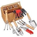 SOLIGT Gardening Hand Tools with Basket – Garden Tool Set with Pruning Shears, Cultivator, Gloves – Heavy-Duty Stainless Steel Gardening Tools with Wood Handle – Gardening Gifts for Women Men