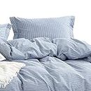 Wake In Cloud - Navy Striped Quilt Cover Set, White Stripes Ticking Pattern on Navy Blue, 100% Washed Cotton Doona Cover Bedding (3pcs, King Size)