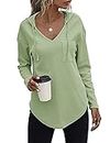 morhuduck Women's V Neck Hoodies Long Sleeve Sweatshirt Drawstring Pullover Tops with Pocket (Mint Green L)