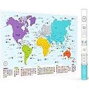 Colorful World Map with Flags & Capitals - X Large 96 x 66 cm - Wall Art Poster for Home & Classroom - Educational for Kids & Adults + 50 Interesting Facts