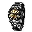 Men's Watch Black Luxury Mechanical Stainless Steel Skeleton Waterproof, Self-Winding Roman Numerals Diamond Dial Wrist Watch