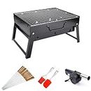 LandVK Portable and Foldable Barbeque Grill Set for Home, Picnic, Outdoor Camping, Travelling, Charcoal BBQ Grill Set with 12 Barbecue Skewers, 1 Spatula, 1 Oil Brush and 1 Air Blower, Black