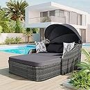 Outdoor Sunbed with Retractable Canopy, Rattan Wicker Patio Daybed with Washable Cushions and Pillows, Chaise Chair Sunbed for Garden Poolside Backyard, Gray Wicker
