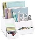 Office Desk Organizer, White Acrylic with Drawer, 9 Compartments - All in One Office Supplies and Cool Desk Accessories Pen Holder, Enhance Your Office Decor Desktop (White).