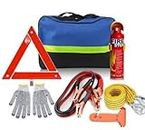 7 in 1 Car Roadside Emergency Kit Vehicle Truck Repair and Rescue Assistance Safety Kits with Jumper Cable, Tow Rope, Reflective Warning Triangle, Safety Hammer, Gloves and fire Extinguisher