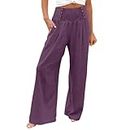 Ashowlaco Casual Pants for Women Baggy Wide Leg Pants Summer Flowy High Waisted Palazzo Beach Pants Trendy, Purple, Small