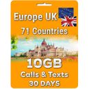 Europe UK Travel Prepaid SIM Card, 10GB data, Unlimited Calls & SMS, 30 days