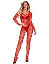 Women Sexy Fishnet Bodysuit Mesh Bodystockings One Piece Teddy Lingerie Nightgown, Red, One Size