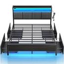 Rolanstar Bed Frame Full Size with Charging Station and LED Lights, Upholstered Storage Headboard with Drawers, Heavy Duty Metal Slats, No Box Spring Needed, Noise Free, Easy Assembly, Dark Grey