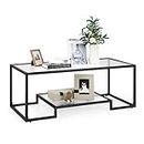 Giantex Modern 2-Tier Coffee Table, Rectangular Accent Table with Golden Metal Frame, Tempered Glass Center Table with Additional Storage Shelf for Living Room Lounge Furniture Decor (Black)