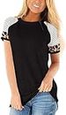 Leopard Print Tops for Women Short Sleeve Crew Neck T Shirts Black XL